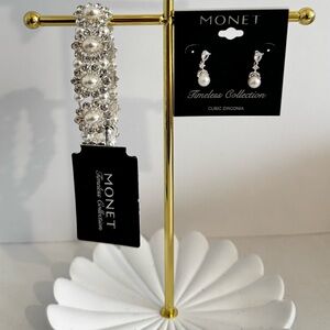 Monet Pearl and Crystal Jewelry Set - White and Silver Accents